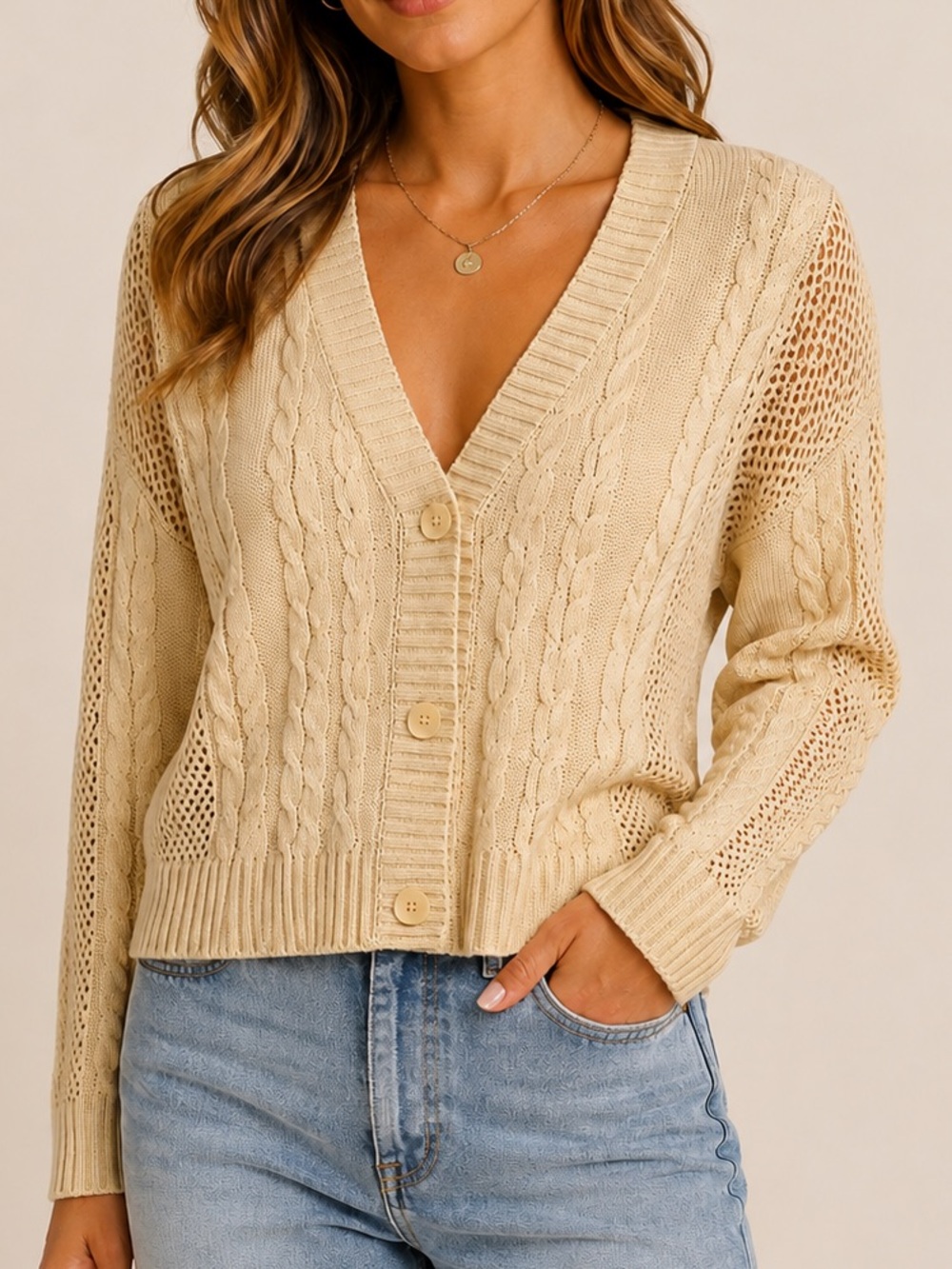 Laurie Felt Cable Knit Women's Cardigan Button Closure Cream Large